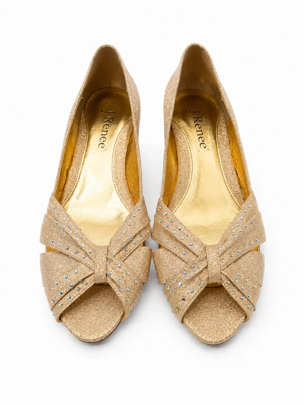 J.Renee Gold Glitter Wedge Peep-Toe with Bow and Crystals